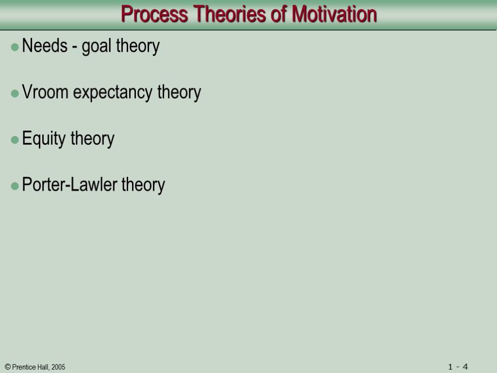 Process Theories of Motivation Needs - goal theory Vroom expectancy theory Equity theory Porter-Lawler